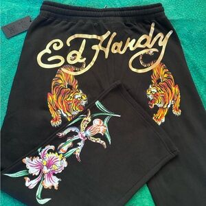 SOLD--Ed Hardy Black Pants with Tiger and Floral Embroidery